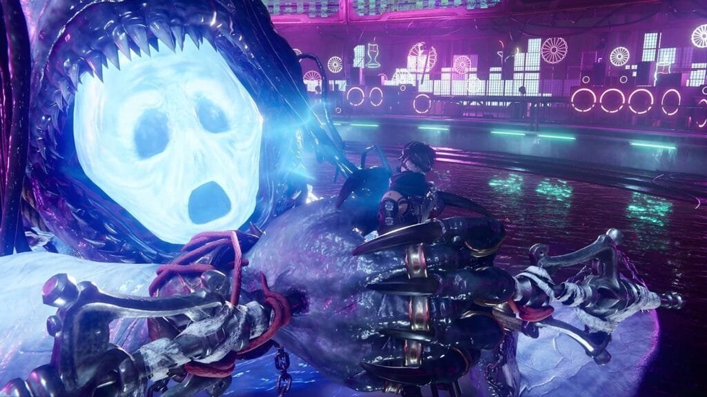 Ninja Gaiden 4 vale la pena: Análisis completo con pros y contras 8 Boss fight de Ninja Gaiden 4 contra jefe mecánico en escenario cyberpunk mostrando nivel de dificultad