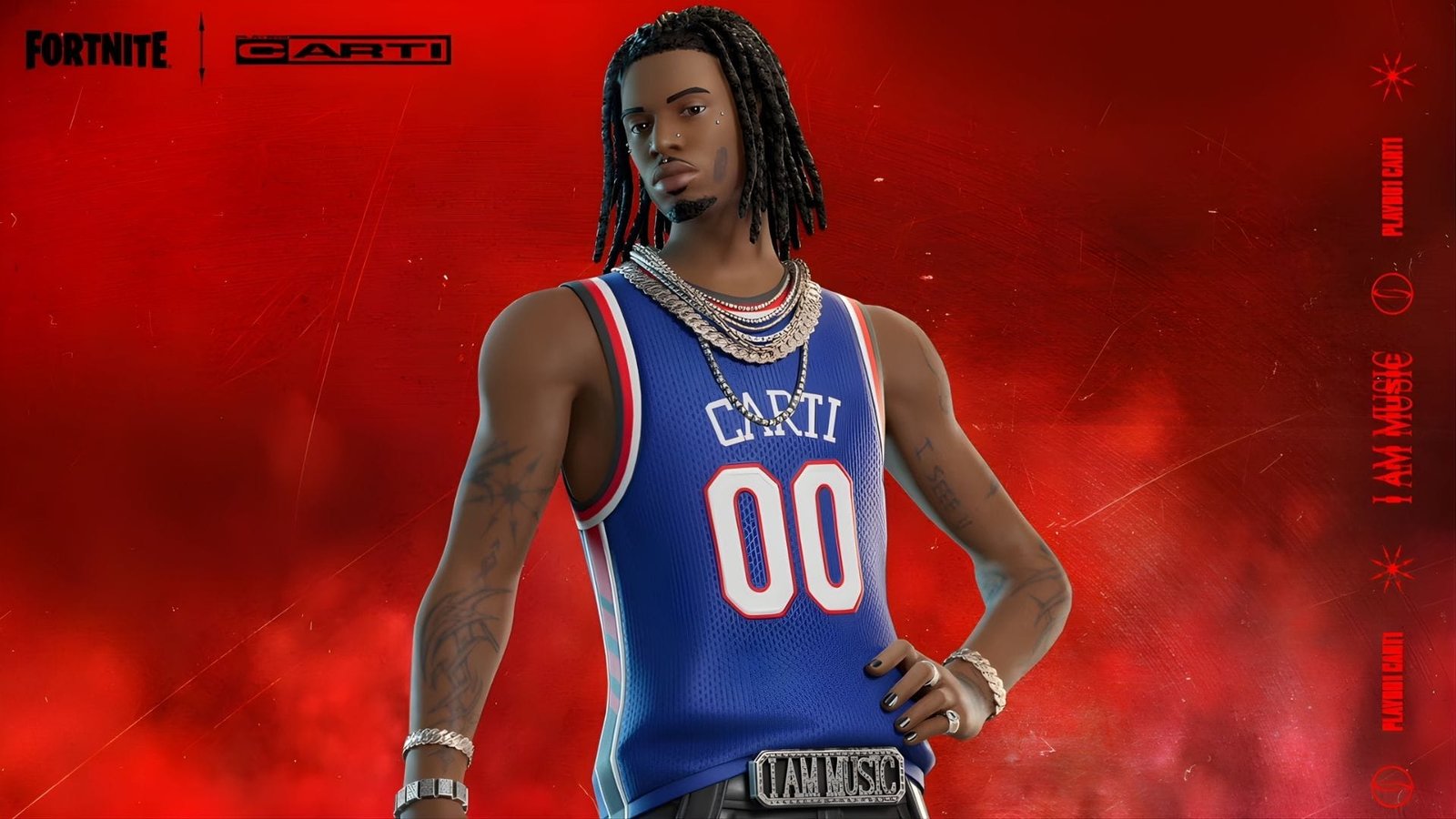 Playboi Carti skin con jersey de baloncesto azul en Fortnite actualización diciembre 2025