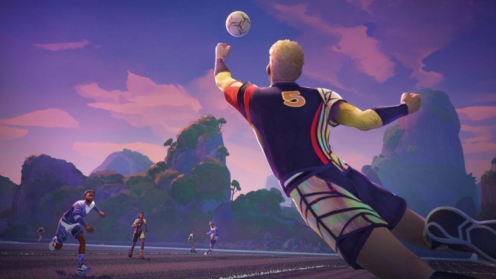 Personajes de Rematch con suéteres navideños feos en campo de fútbol crepuscular