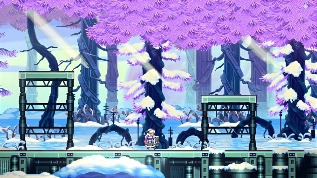 Bastión invernal en SHADE Protocol con árboles rosados y plataformas tecnológicas bajo la nieve