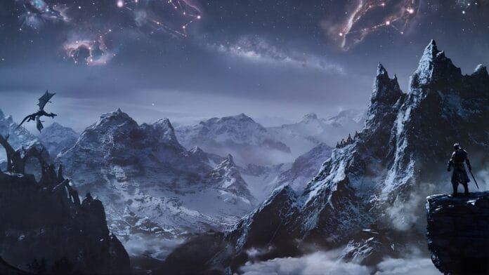 skyrim-anniversary-edition-nintendo-switch-2-2025 Skyrim Anniversary Edition en Nintendo Switch 2 mostrando mejoras gráficas con DLSS y paisaje de Skyrim