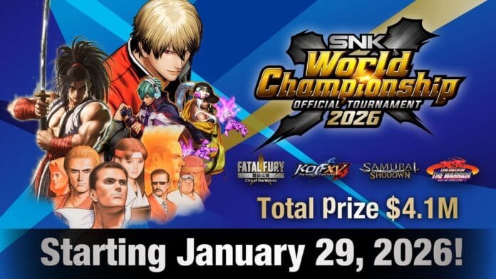 Poster oficial SNK World Championship 2026 con cuatro juegos participantes y premio de 4.1 millones de dólares