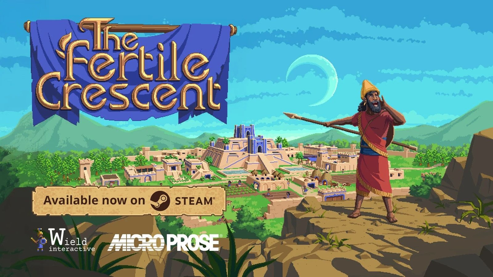 TFC The Fertile Crescent logo con banner de MicroProse sobre ciudad de la Edad de Bronce