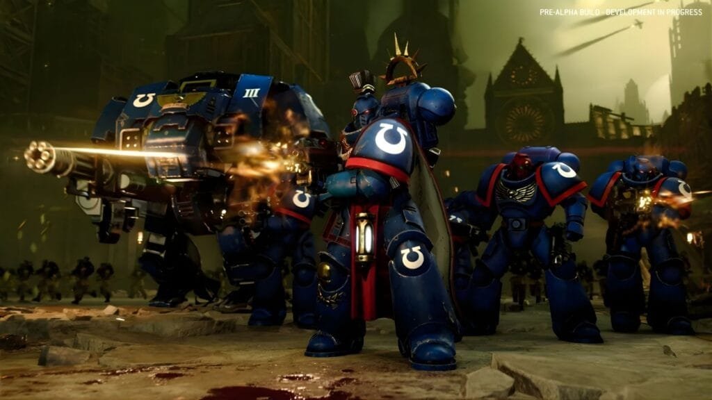 Marines Espaciales Ultramarines disparando en Total War Warhammer 40000