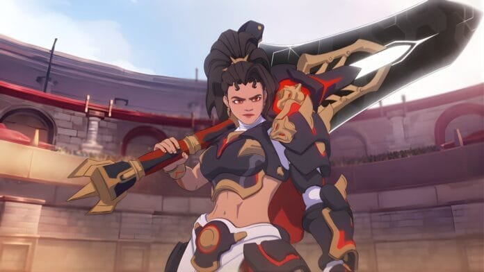 Vendetta, la nueva heroína de Overwatch 2, empuñando su espada Palatine Fang en el Colosseo