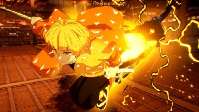 Gameplay de Zenitsu ejecutando técnica de Aliento del Rayo en Modo Versus