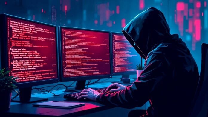 Concepto visual de cibercriminales robando datos personales para vender en dark web