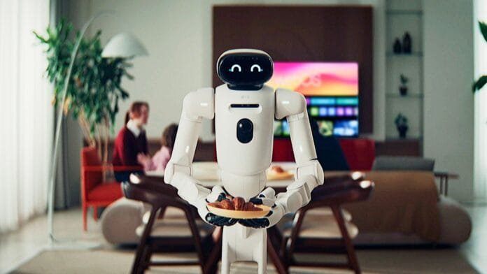 LG CLOiD robot llevando plato de comida a mesa con familia de fondo en sala