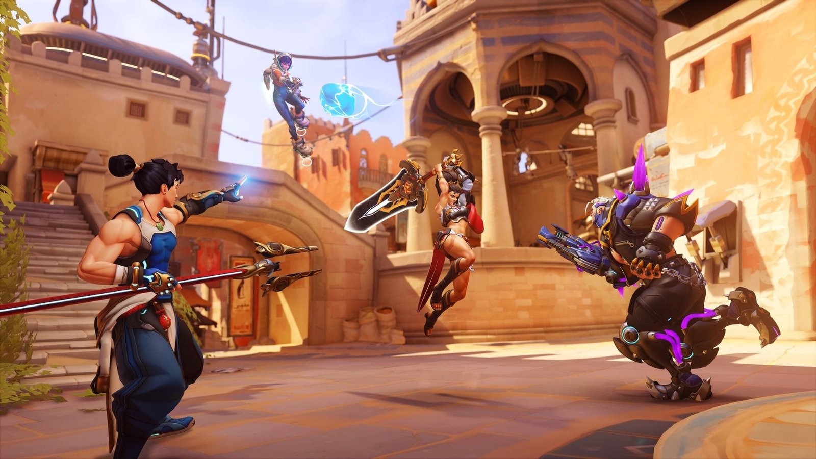 Captura del modo Enfrentamiento Aleatorio en Overwatch 2 con múltiples héroes en combate