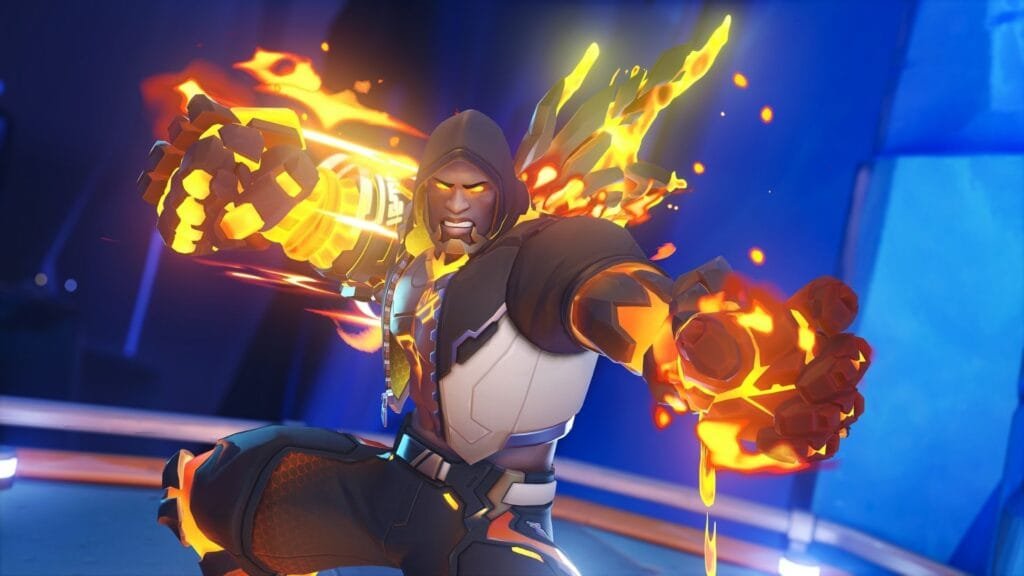 Skin mítico Doomfist Titan de Magma en Overwatch 2 con efectos de fuego