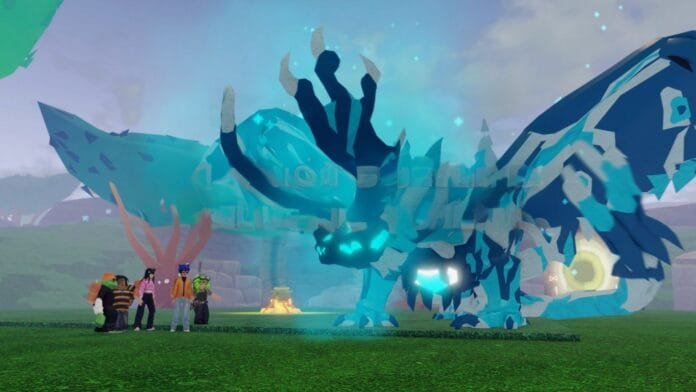 Avatares de Roblox frente a dragón gigante con texto sobre chat seguro y divertido