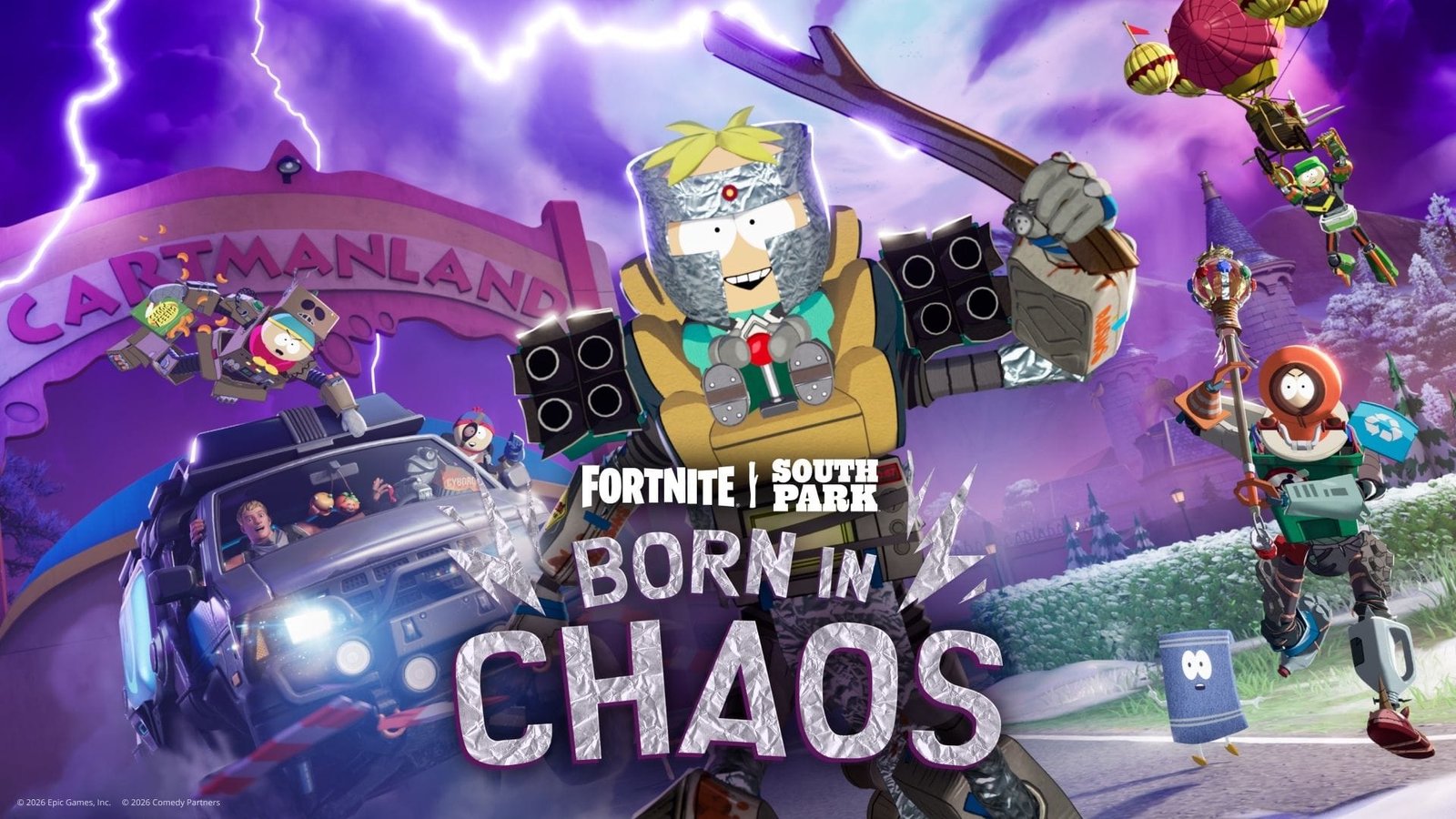 Arte principal de la colaboración Fortnite x South Park Born in Chaos mostrando a los personajes y Cartmanlandia