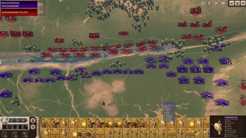 Interface de batalla de Strategos mostrando gestión de unidades y terreno estratégico