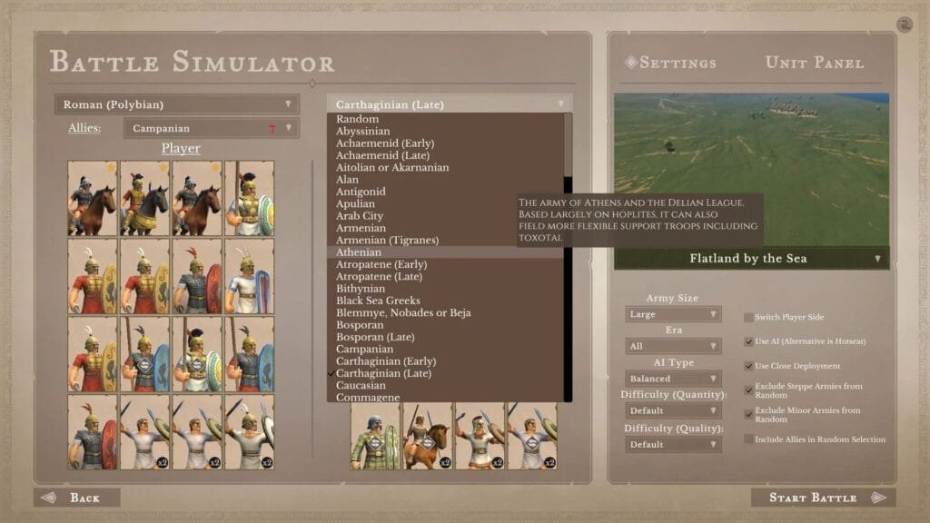 Selector de facciones en Strategos con ejércitos del mundo antiguo disponibles
