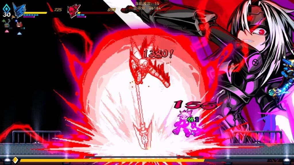 Muu combatiendo con garras energéticas en Super Alloy Crush