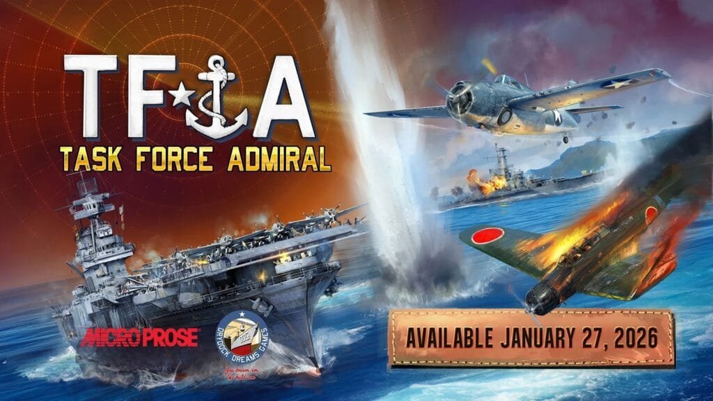 Imagen promocional de Task Force Admiral mostrando portaaviones y fecha lanzamiento enero 2026