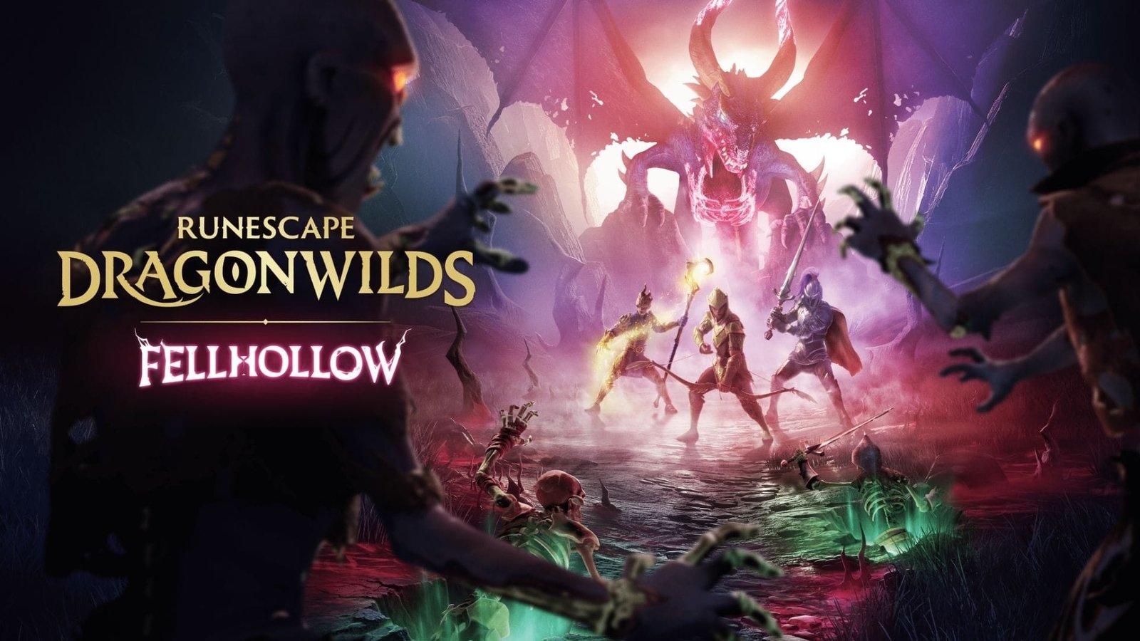 unescape-dragonwilds-fellhollow-key-art Arte promocional de RuneScape Dragonwilds Fellhollow con dragón y guerreros