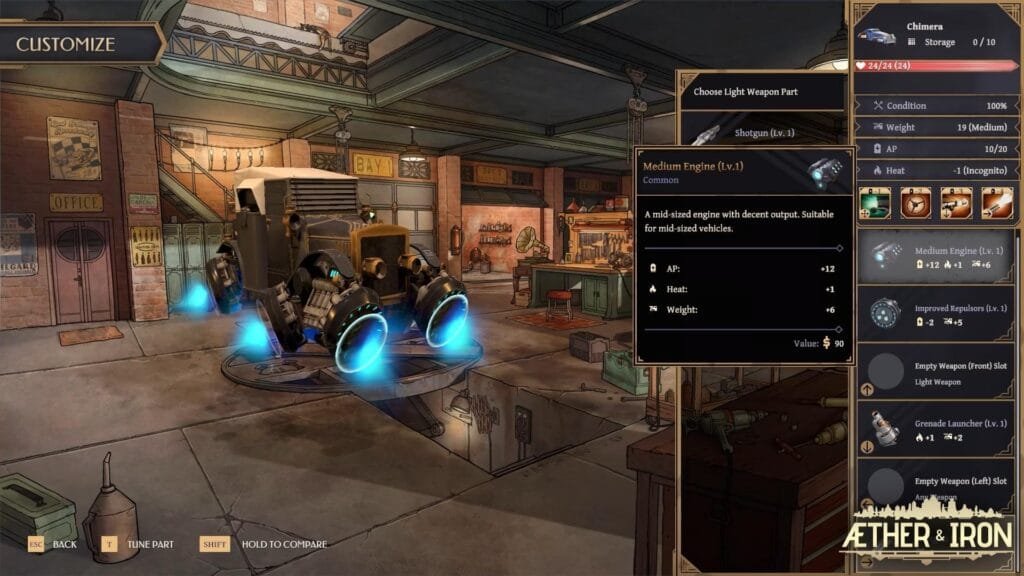 Aether & Iron personalización vehículos éter armas equipamiento