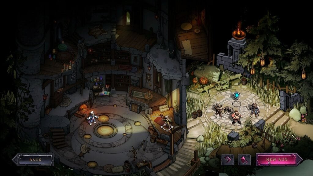 Blightstone hub base personajes roguelite táctico sin cuadrículas fantasía oscura
