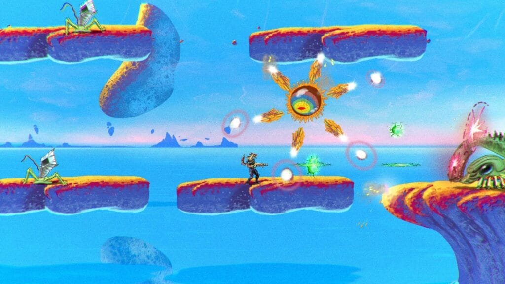 ChainStaff gameplay plataformas disparos acción heavy metal estética años 80