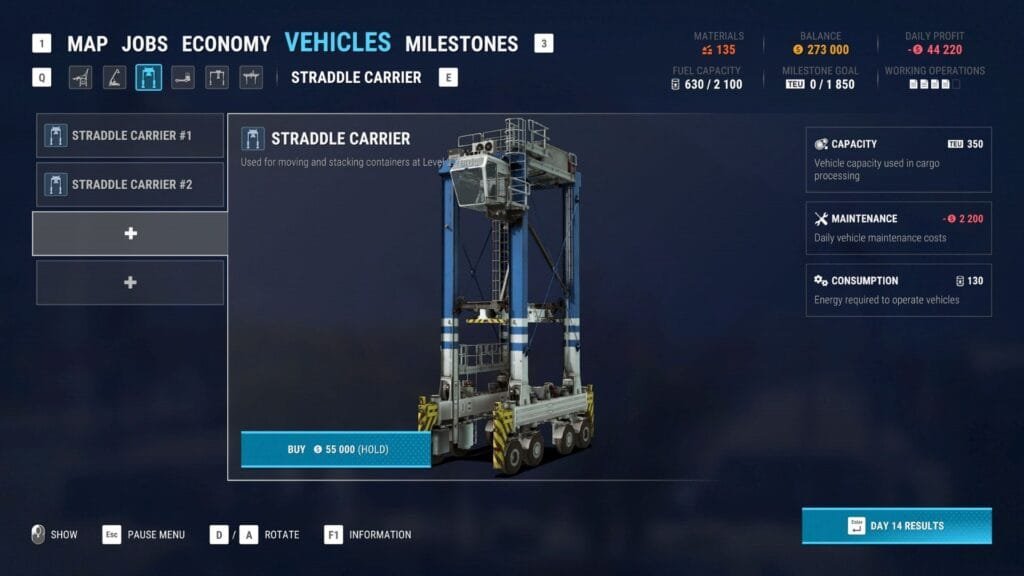 Menú de compra de vehículos en Docked mostrando Straddle Carrier - gestión de flota portuaria