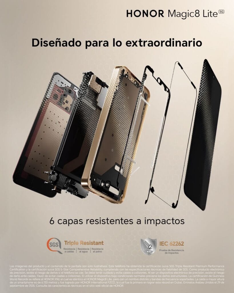 Tecnología 6 capas HONOR Magic8 Lite Ultra-Bounce resistencia impactos smartphone