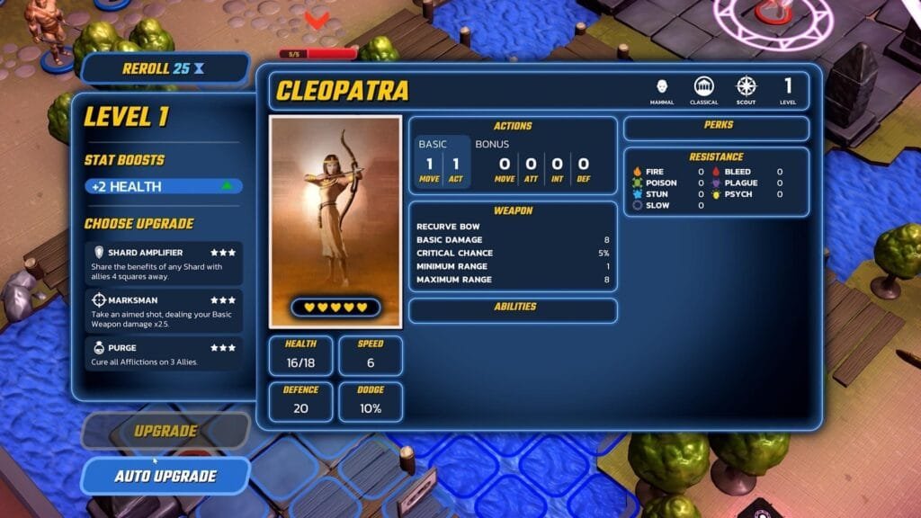 Pantalla de mejora de Cleopatra en Reptilian Rising mostrando sistema de estadísticas arco recurvo y habilidades especiales RPG táctico