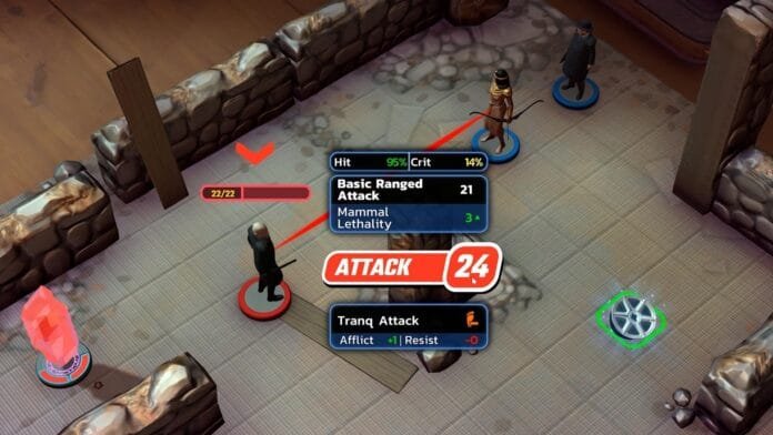 Combate táctico por turnos en Reptilian Rising mostrando ataque de Cleopatra contra enemigo reptil con interfaz de probabilidades