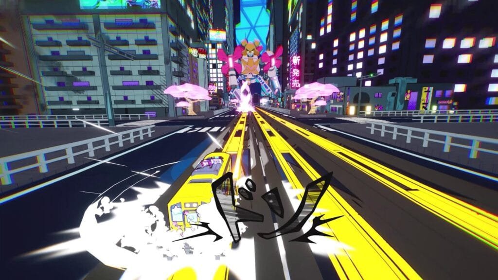 Dens Attack ciudad nocturna japonesa con mecha gigante rival en escena