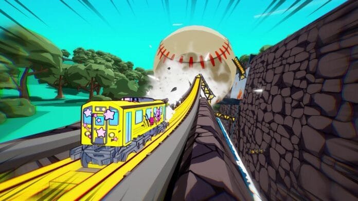 Dens Attack gameplay tren amarillo arcade cel-shaded bosque y luna