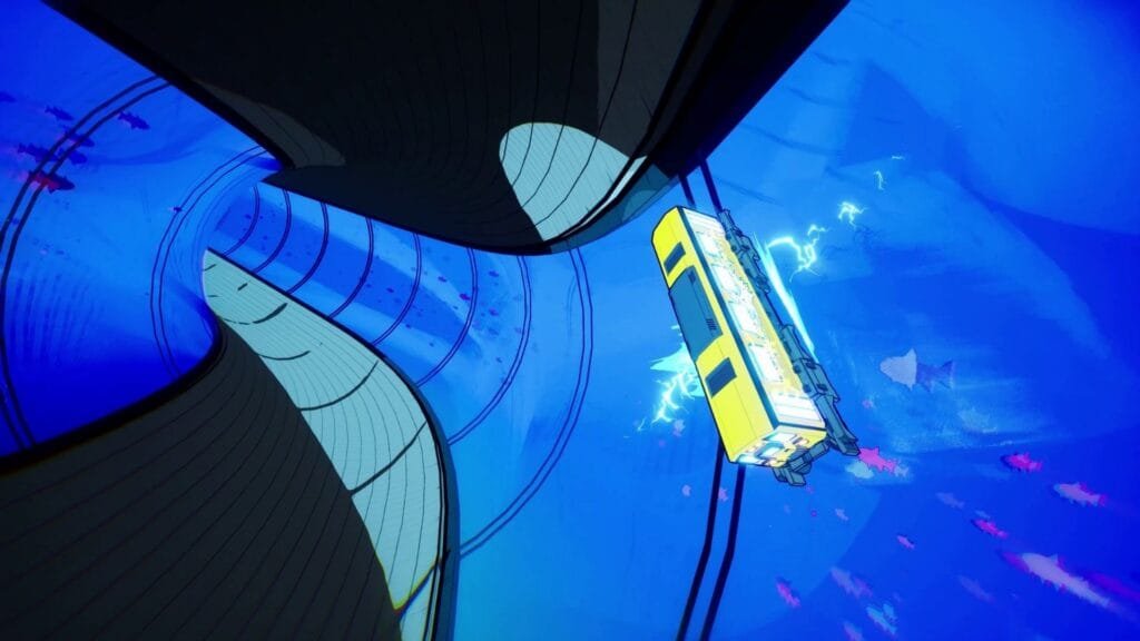 Dens Attack tren en loop subacuático con tiburones y rayos eléctricos