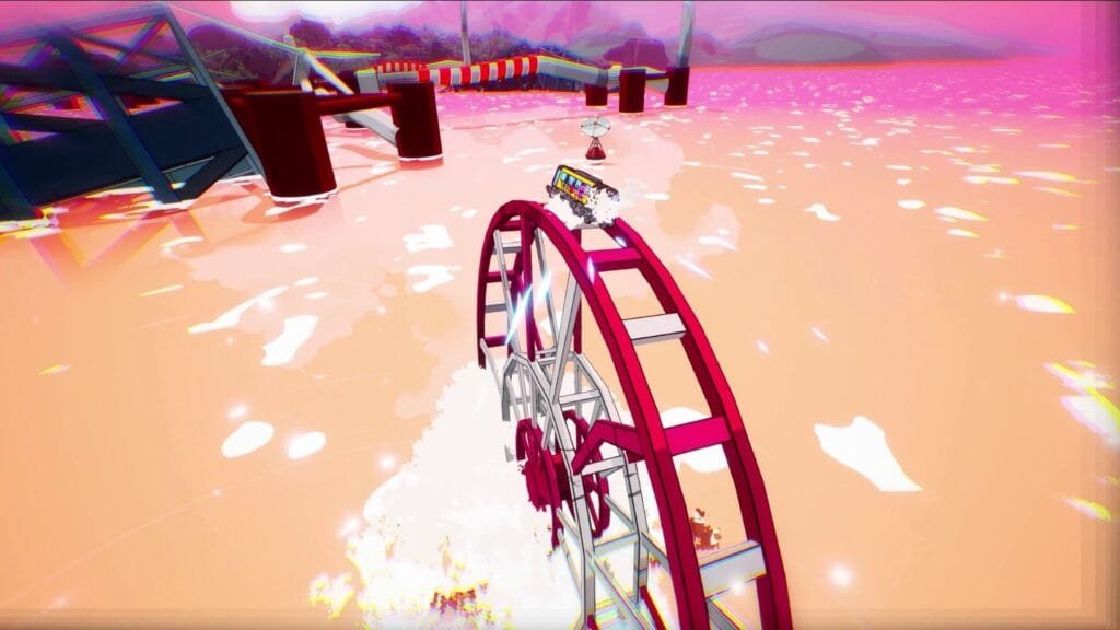 Dens Attack tren amarillo en loop sobre bioma costero tonos rosas