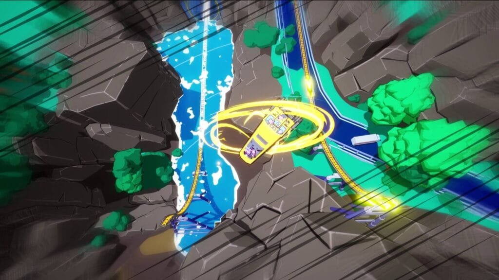 Dens Attack vista cenital tren encadenando combo en grind sobre raíles