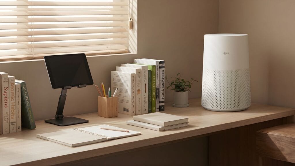 LG PuriCare AeroMini: el purificador compacto que cabe en cualquier cuarto 1 LG PuriCare AeroMini purificador de aire compacto sobre escritorio de trabajo