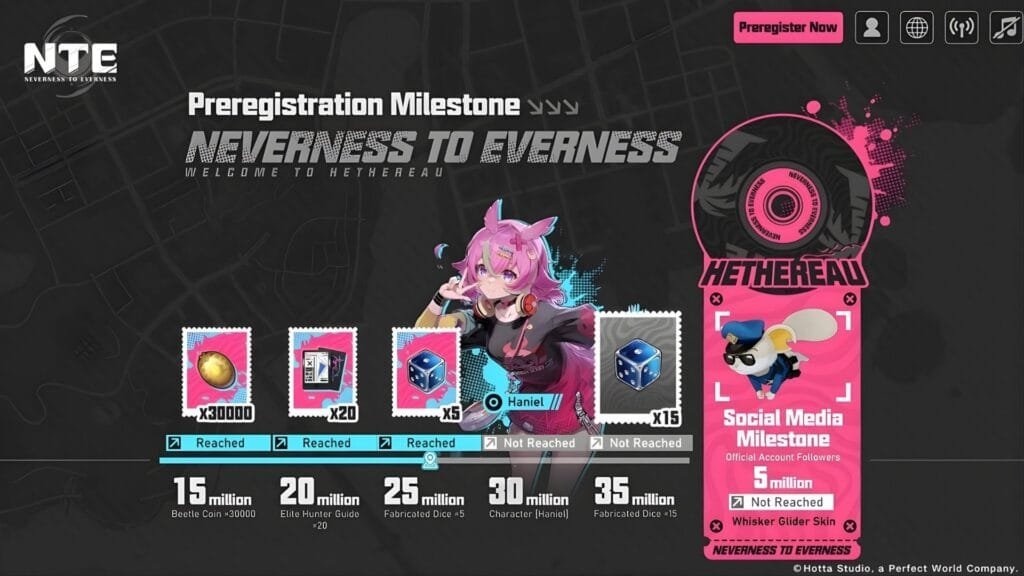 NTE Neverness to Everness: cuándo sale y todo lo nuevo que trae 1 NTE Neverness to Everness hitos de pre-registro recompensas personaje Haniel