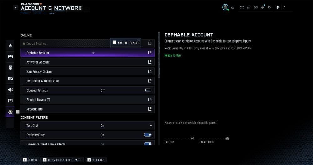 Menú Cephable Account en Black Ops 7 para activar control por voz y gestos