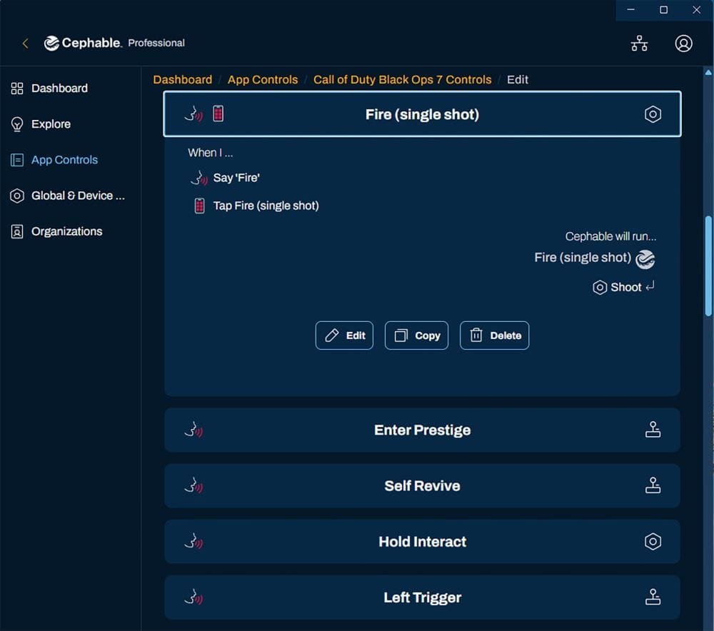 Interfaz Cephable Professional con controles de voz configurados para Black Ops 7