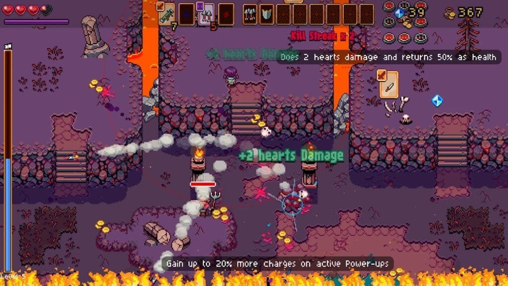 Death by Scrolling combate roguelite: Kill Streak y daño en bioma oscuro de Purgatory Inc