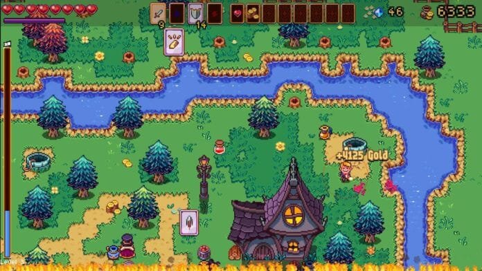 Death by Scrolling gameplay roguelite: mapa de mundo con personaje recogiendo oro