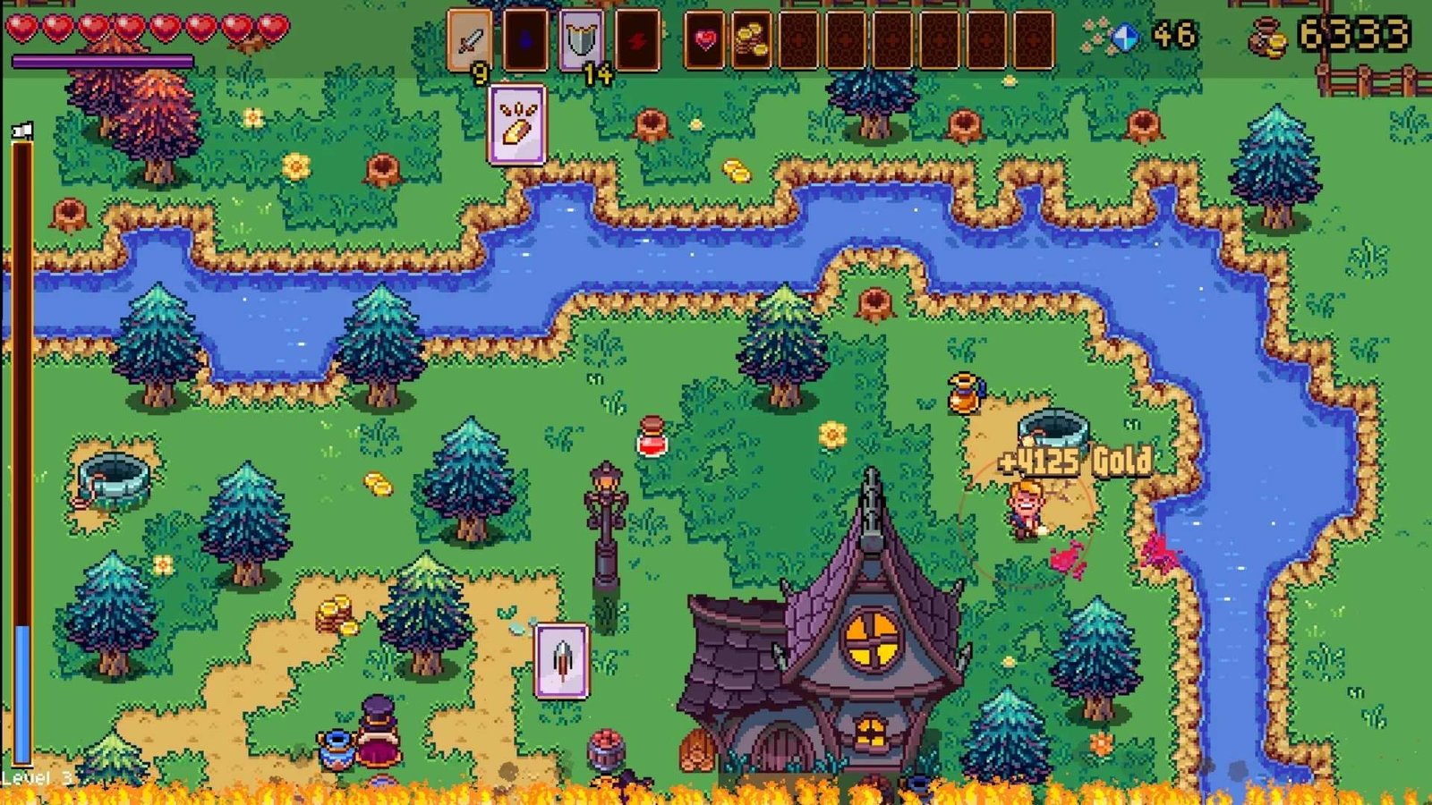 death-by-scrolling-gameplay-roguelite-ps5-xbox-switch Death by Scrolling gameplay roguelite: mapa de mundo con personaje recogiendo oro