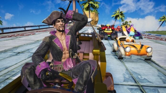 Capitán Majima corriendo en Sonic Racing CrossWorlds con el Goromaru en primer plano