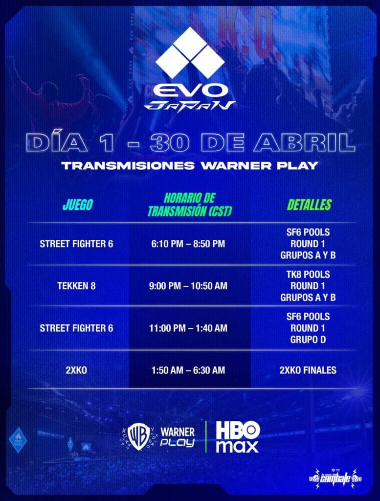 Horarios EVO Japan 2026 día 1 abril 30 Street Fighter 6 Tekken 8 Warner Play
