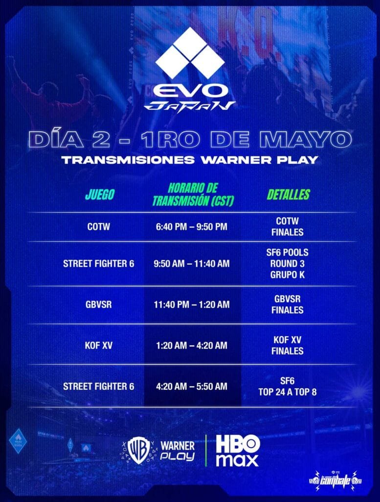 Horarios EVO Japan 2026 día 2 mayo Fatal Fury KOF XV finales Warner Play