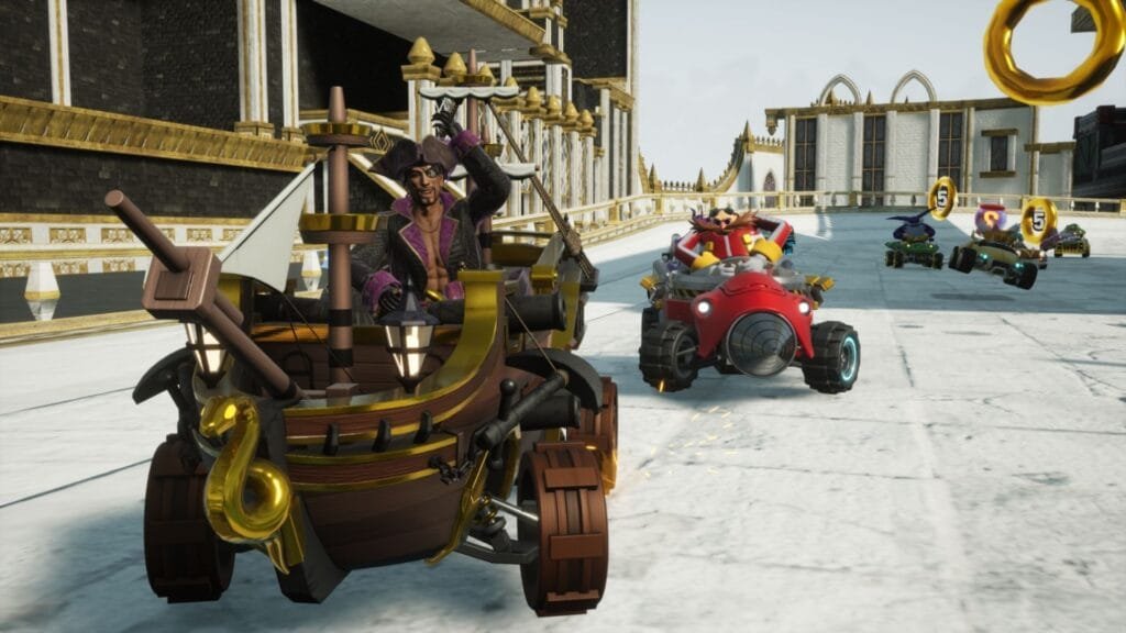 Vehículo Goromaru del Capitán Majima en pista de Sonic Racing CrossWorlds