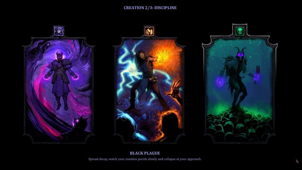 HellSlave II selección de clases y disciplinas RPG indie fantasía oscura
