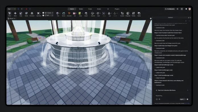 Roblox Studio con asistente de IA agéntico creando un juego de parque con fuente y monedas