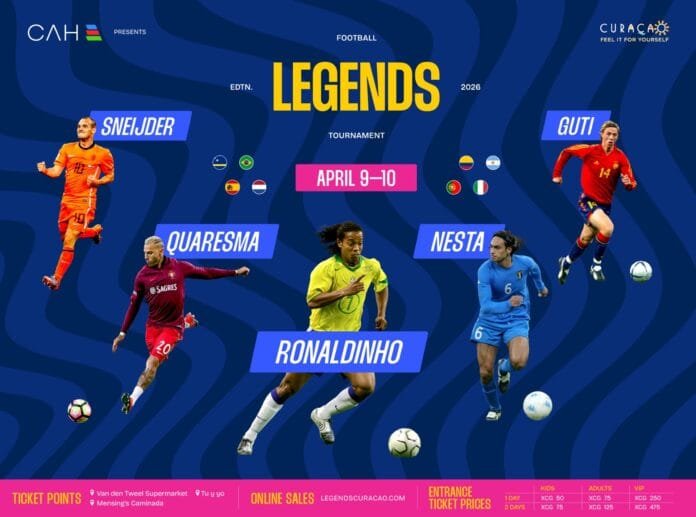 ronaldinho-legends-football-tournament-curacao-2026-poster Póster oficial Legends Football Tournament Curaçao 2026 con Ronaldinho, Sneijder, Quaresma, Nesta y Guti