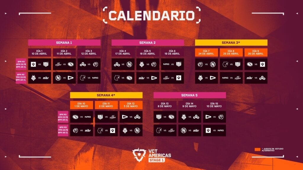 Calendario VCT Americas 2026 Stage 1 horarios Colombia Peru