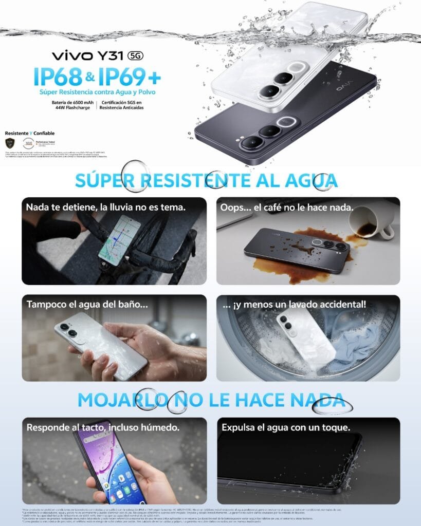 vivo Y31 5G resistente al agua IP68 IP69 batería 6500 mAh Colombia