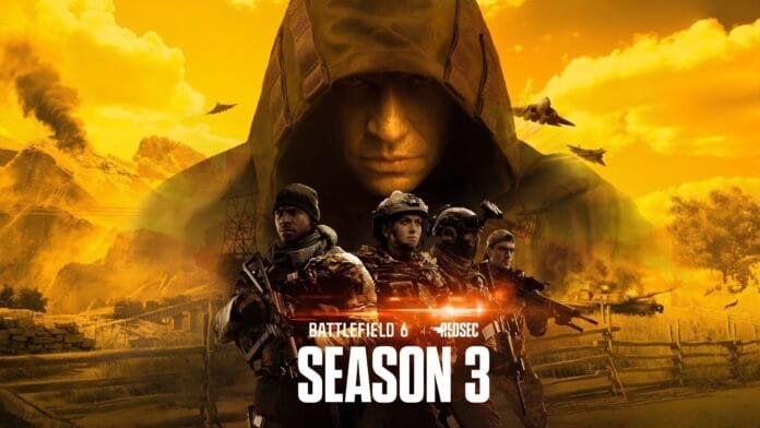 battlefield-6-temporada-3-redsec-key-art Battlefield 6 Temporada 3 REDSEC — arte oficial de la Temporada 3 con los operadores y el antagonista encapuchado